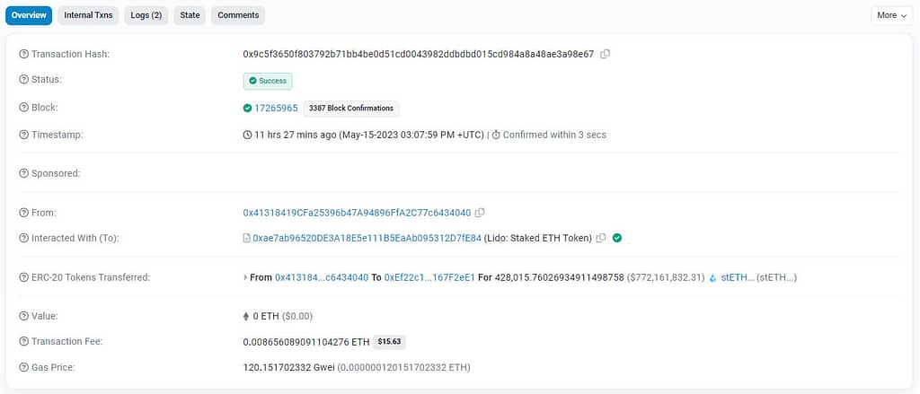 Recent transactions on Celsius wallets revealed the movement of a staggering 428,015 stETH tokens